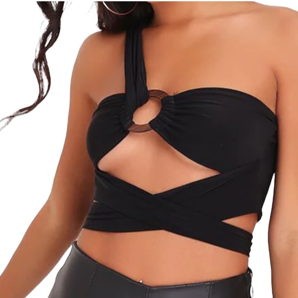 Black Double Layer One Shoulder Bralette top